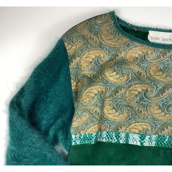 VTG Susan Sandhaus Green Leather Mohair Sweater Womens Medium Avant Garde Funky - Picture 2 of 11